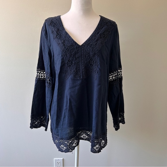 Lucy & Laurel Women’s size X Large Linen Blend Lace Tunic Long Sleeve Top Navy - Picture 1 of 10